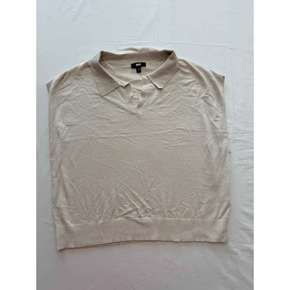 DKNY Sweater Womens Large Beige Sleeveless Collared Knit Pullover Lightweight